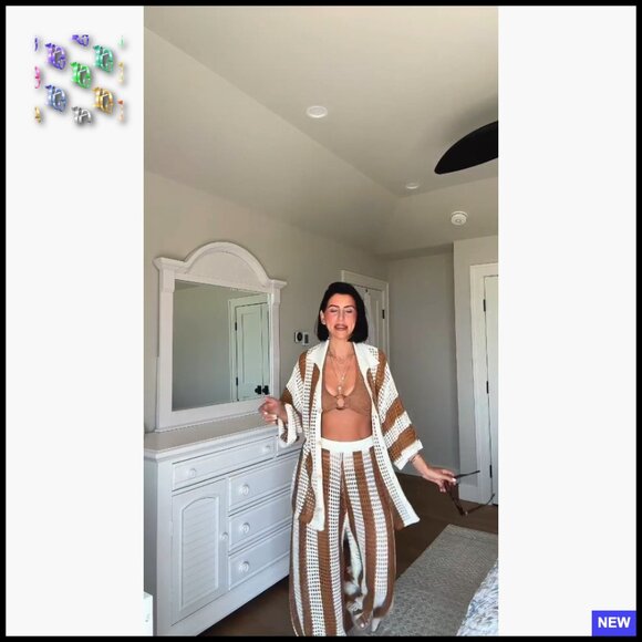 Crochet Button Up Set Wide Leg Pants Boho Chic Vacation Lounge Wear - Picture 7 of 7